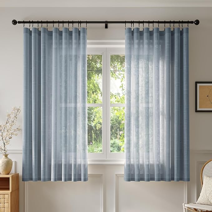 Anmao Natural Linen Curtains for Living Room 54 Inch Length 2 Panels Set, Light Filtering Semi Sheer Window Curtain Drapes for Bedroom with Curtain Rings and Clips, 52Wx54L, Haze Blue