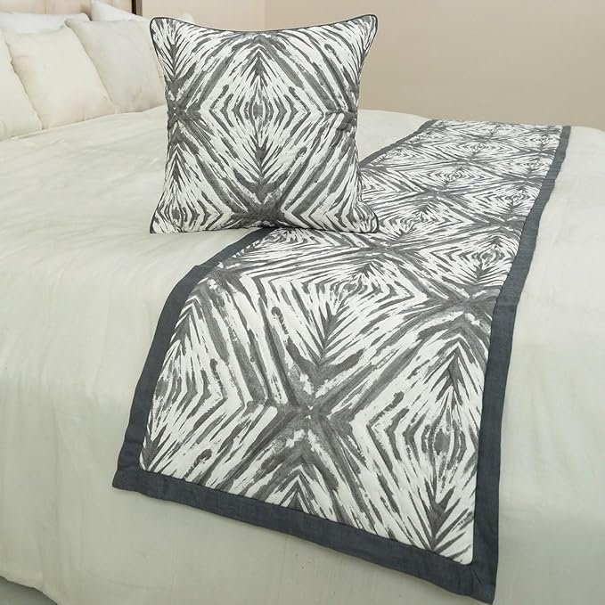 The HomeCentric King/Queen/Twin Grey & White Designer Full 68"x18" Bed Runner with Pillow Cover, Quilted Bed Scarf on Cotton Fabric - Grey Semblance
