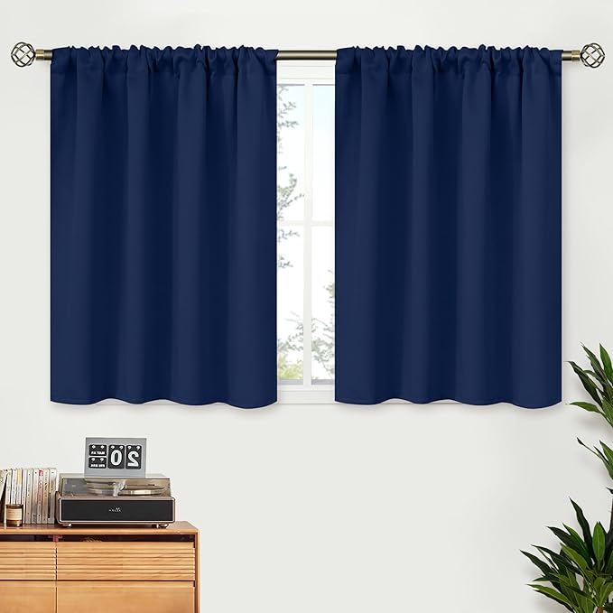 BGment Blackout Kitchen Curtains for Window Over Sink 30 Inch Long - Short Room Darkening Drapes with Rod Pocket Privacy for Basement Bathroom Cafe Window, Navy Blue, 2 Panels, 42 x 30 Inch