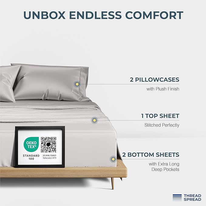 THREAD SPREAD 100% Egyptian Cotton Split King Sheets Sets for Adjustable Bed - Luxury 1500 Thread Count Split Top King Sheets (5 PC, Light Grey), Soft, Cooling, Sateen Weave 17" Deep Pocket Sheet Set