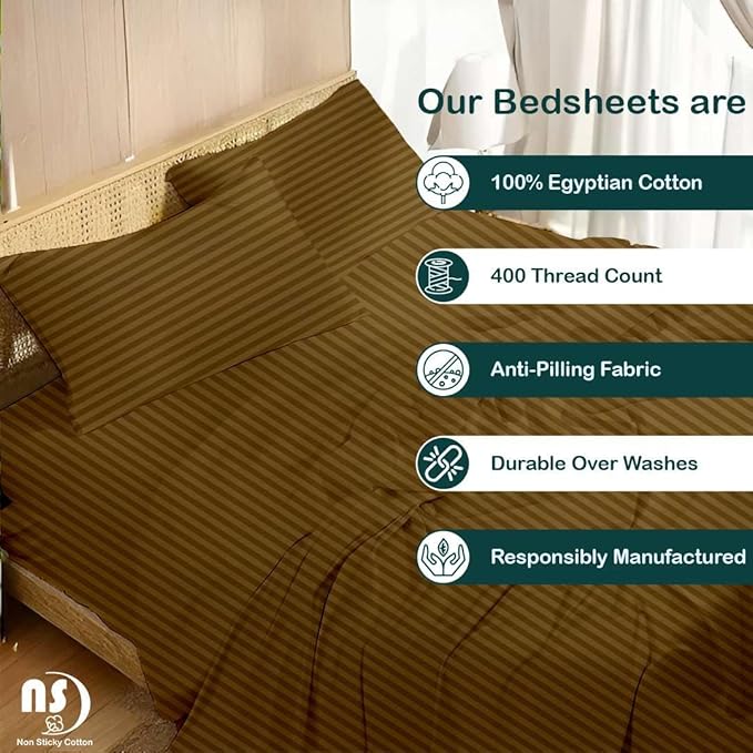 NON Sticky cotton Queen Size Sleeper Sofa Sheets, 4 Piece Egyptian Cotton Bed Sheet Set for Sofa Bed, 10" Deep Pocket for Pull Out Couch Mattress, 60" x 75", Taupe Stripe, Soft & Breathable