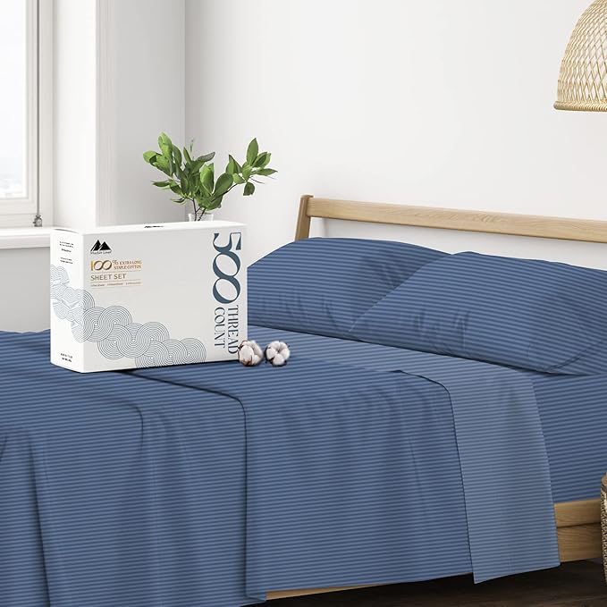 Mayfair Linen 100% Cotton Striped Sheets King Size Bed Set - 500 Thread Count Damask Sheets King Size 4 PC Set (Light Blue Stripe), Soft, Cooling, Sateen Weave Hotel-Quality 16" Deep Pocket Bedsheet