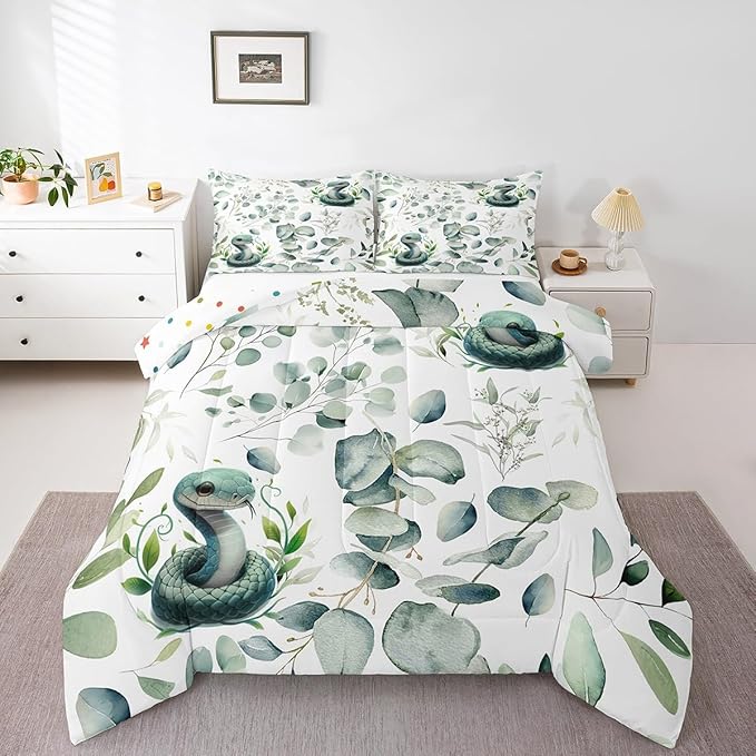 Erosebridal Cute Snake King Comforter Set for Kids Child Green Eucalyptus Bedding Set King, Wild Animal Bedding Comforter Sets Botanical Plant Leaves Duvet Set, Cartoon Wildlife Quilted Comforter