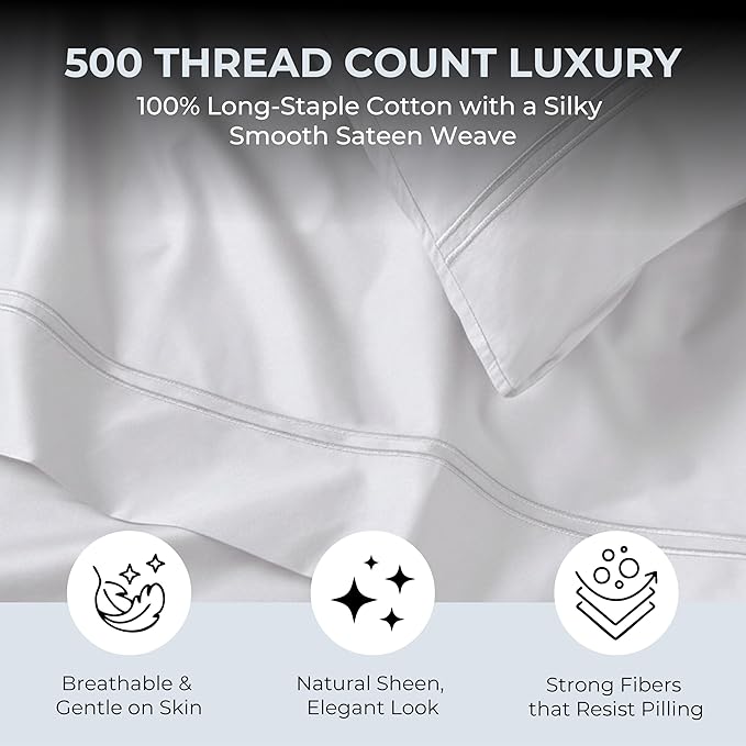 100% Natural Cotton Bed Sheets | 500 TC Single-Ply Sateen Weave Twin Sheets Set | Soft, Breathable, Hypoallergenic Solid 3-Piece Bedding with Deep Pocket Fitted, Flat, Pillowcase | White