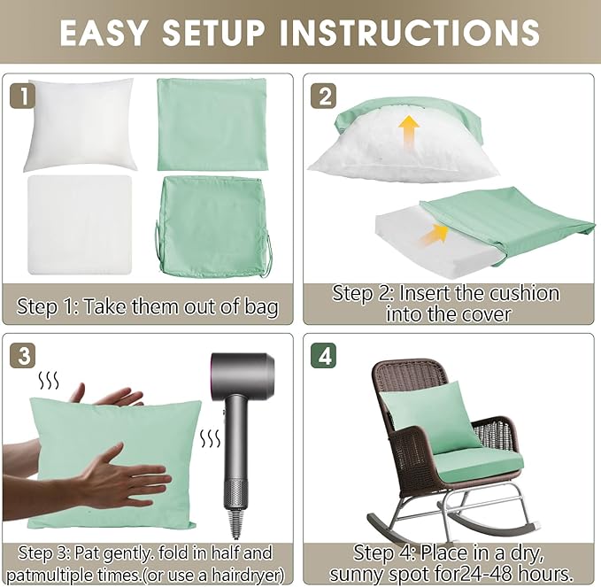 Outdoor Seat Cushion Set 24 x 24 In, Water-Resistant & Fade-Resistan, Patio Furniture Cushions with Removable Cover Deep Seat & Back Cushion with Handle and Adjustable Straps for Chair Sofa,2PC