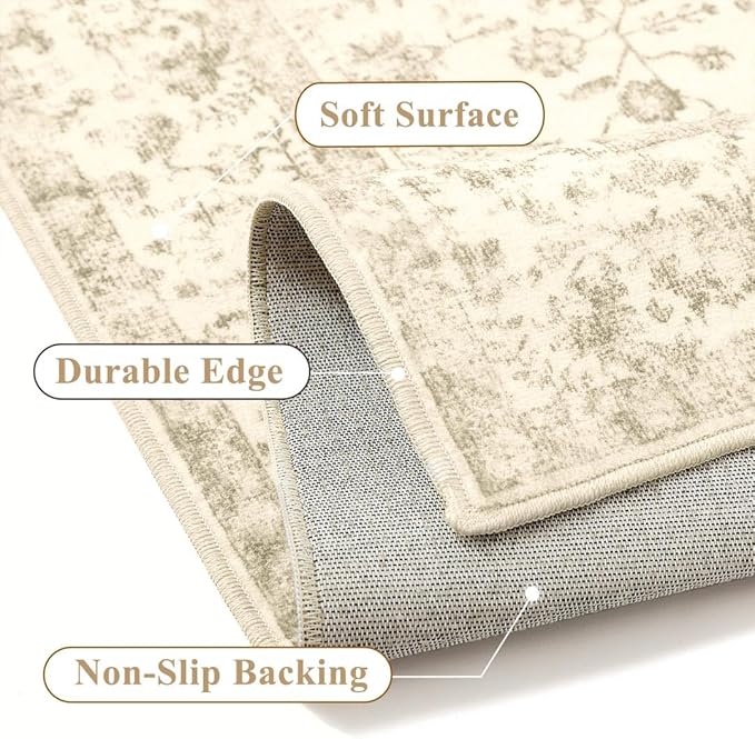 6x9 Brown Area Rug Non Slip Vintage Living Room Distressed Machine Washable Carpet Traditional Indoor Bedroom Brown Retro Floral Accent Throw Rug for Office Kitchen Dorm Dining Room