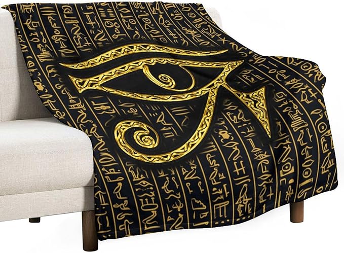 Ancient Egyptian Blanket, Egyptian Eye of Horus Ancient Culture Golden Egyptian Hieroglyphs Alphabet Print Blankets for Couch Sofa Bed Boys Mens, 50"x60"