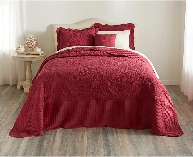 BrylaneHome Bedding Lightweight All Season Modern Amelia Quilted Damask Oversized Ultra Soft Bedspread - Twin, Berry