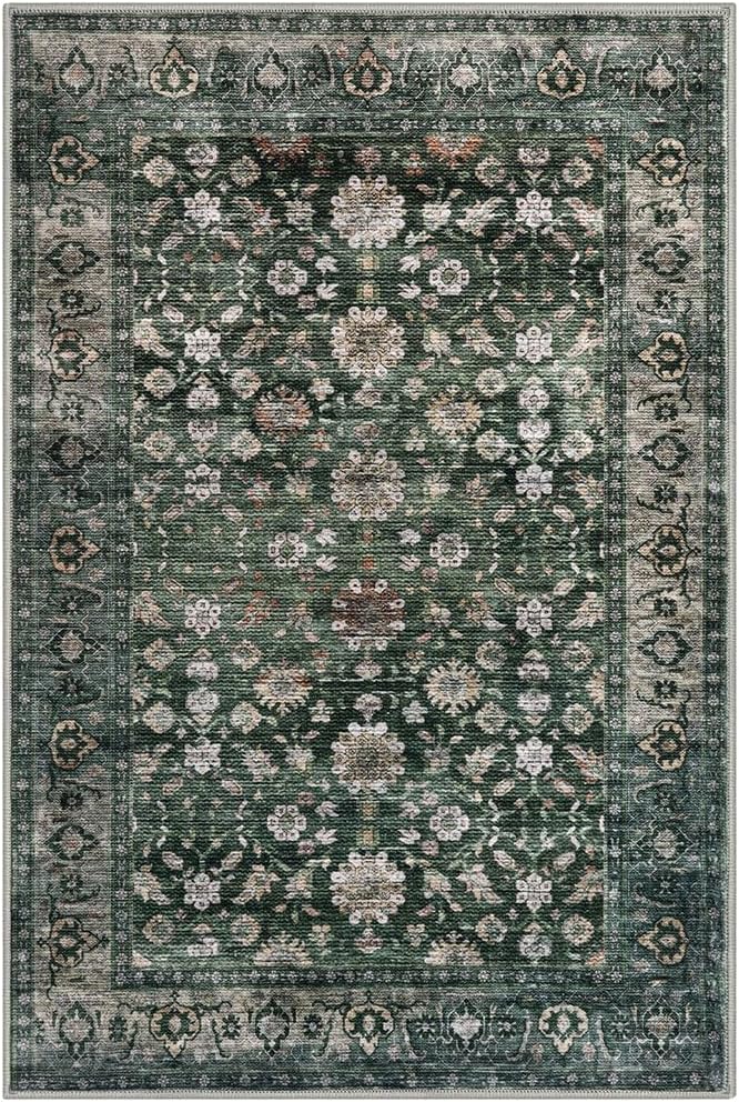 KUTA Vintage Floral Entryway Rug 2x3, Kitchen Rugs Non-Slip Washable Throw Rug, Dark Green Ultra Thin Soft Print Front Door Mat Indoor Doormat for Entrance, Bedside, or Small Spaces