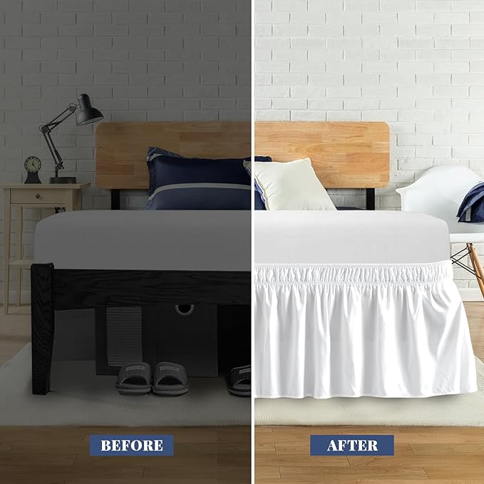 Twin Bed Skirt, Elastic Wrap Around Bed Skirt Twin Size, Bed Skirts for Adjustable Bed, Easy Fit with 14" Drop Length Tailored Drop Dust Ruffle (White)