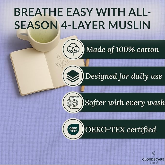 Cloud Scape Linen Extra Large 4 Layer Muslin Throw Blanket - 100% Cotton Gauze, Lightweight & Breathable All Season, Pre-Washed, for Couch & Bed, 50x70, Lavender Blue