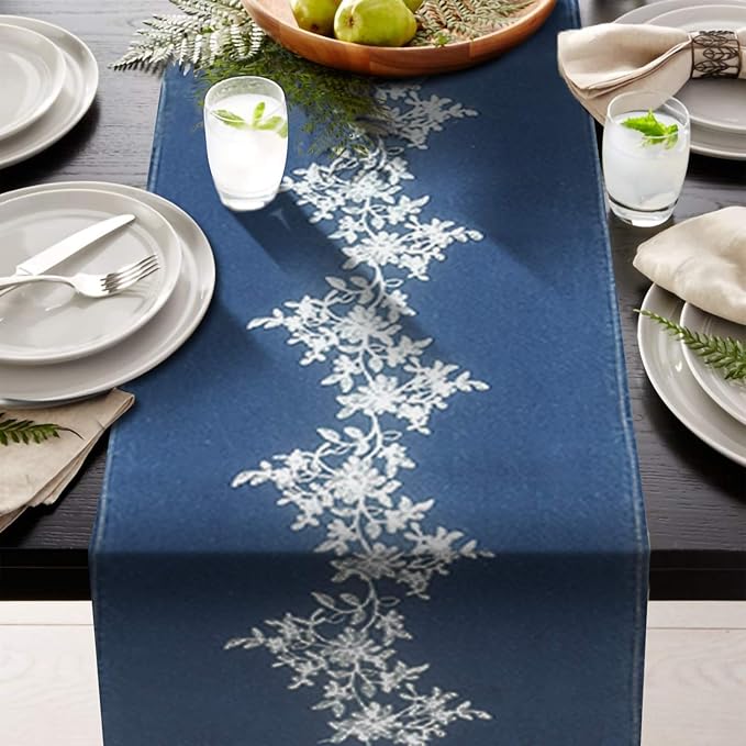 AAYU Designer Denim Table Runner/Bed Runners Limited and Exclusive Edition with Middle Floral Embroidery | 16 Inch X 108 Super Premium Quality Perfect for Wedding, Parties, Daily Décor