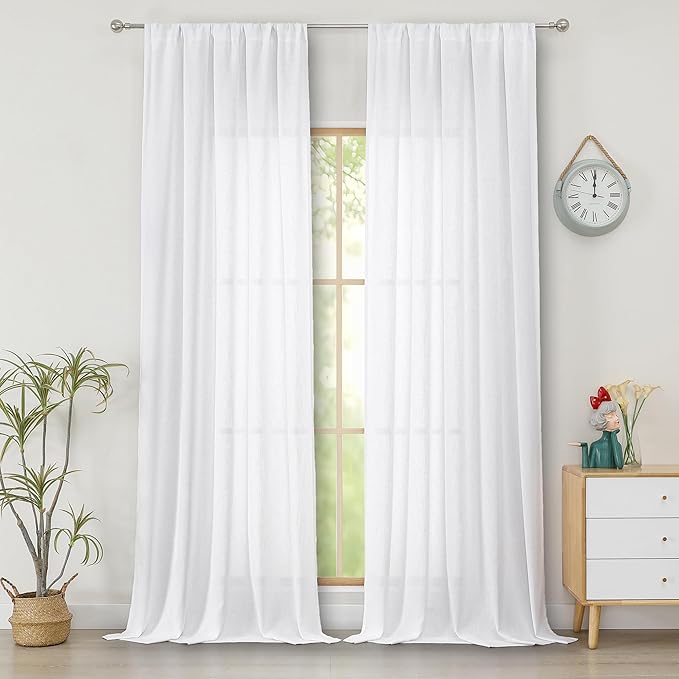 Simplebrand White Faux Linen Textured Semi Sheer Curtains 108 Inches Long 2 Panels for Living Room, Privacy Extra Long Light Filtering Farmhouse Thick Window Drapes for Large Window, 50 x 108 Inch