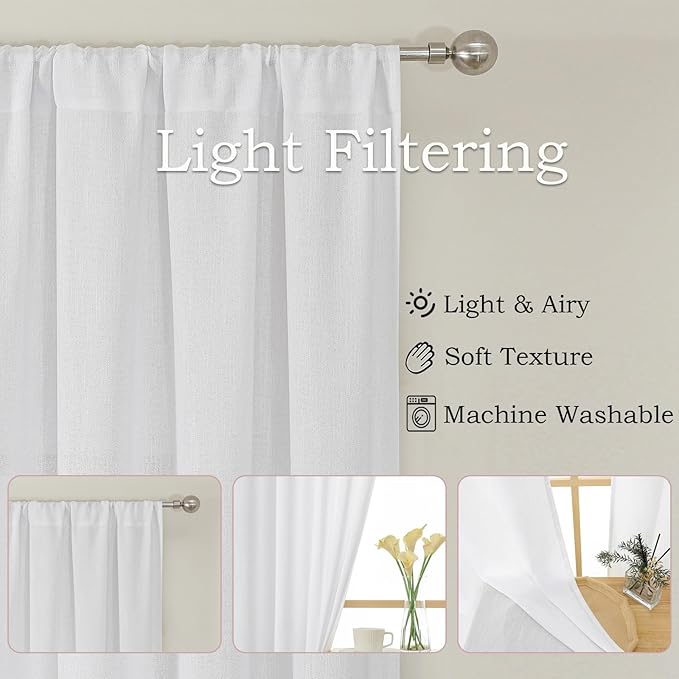 Simplebrand White Faux Linen Textured Curtains 63 Inch Length 2 Panels for Bedroom, Semi Sheer Light Filtering Privacy Farmhouse Curtains, Soft Thick Rod Pocket Window Drapes, 40W x 63L Inch