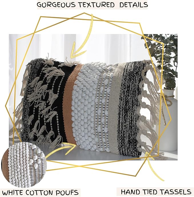 Decorative Boho-Chic Premium Pillow Cover 12x20 Handwoven Tufted Cotton Lumbar Accent Pillows, Neutral Earthly Color Throw Cushion, Farmhouse & Bohemian Home Decor (Limited Edition-Cover Only)