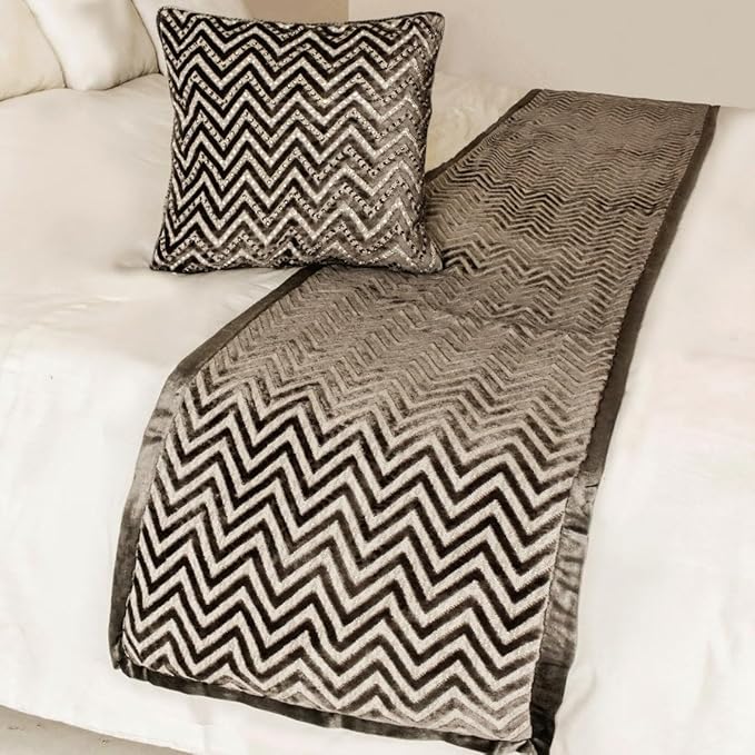 The HomeCentric King Queen Twin Grey Decorative Queen 74"x18" Bed Runner with 2 Pillow Cover, Crystals Bed Scarf on Velvet Fabric - Grey Crystal Chevy