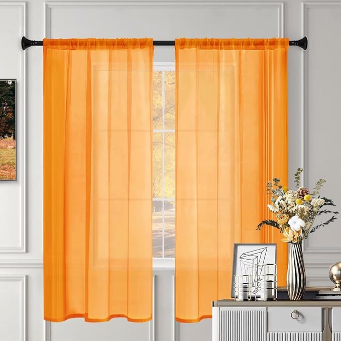 Sheer Curtains 84 Inches Long 2 Panels, Rod Pocket Short Curtain for Kitchen, Bedroom, Cafe Window(Orange 38" W x 84" L)