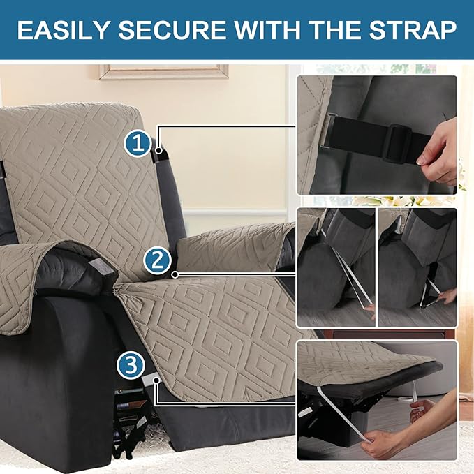 H.VERSAILTEX Reversible Quilted Recliner Covers Water Resistant Furniture Protector for Reclienr Chair with Elastic Straps for Pets Kids Sitting Width Up to 28"(Oversized Recliner, Khaki/Beige)