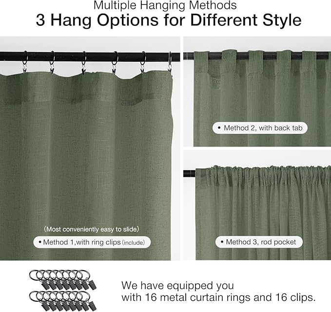 Anmao Natural Linen Curtains for Living Room 90 Inch Length 2 Panels Set, Light Filtering Semi Sheer Window Curtain Drapes for Bedroom with Curtain Rings and Clips, 52 Inch Wide Each Panel, Olive