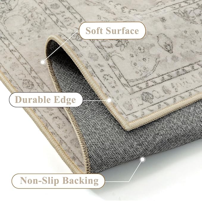Beige 2x6 Runner Rug Washable Vintage Long Carpet for Hallway Kitchen Soft Retro Floral Low Pile Indoor Runner Non Slip Central Medallion Throw Rug for Bathroom Bedroom Laundry Dining Room