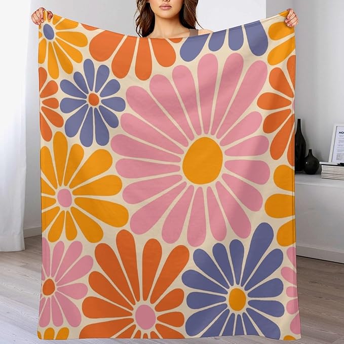 1970s Hippie Floral Throw Blanket, Retro Orange Pink Blue Flower Boho Groovy Daisy Flowers Comfortable Blanket for Couch Sofa Couch Chair 60"x80"