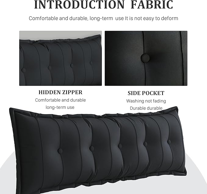 Large Bolster Reading Pillow King Backrest Positioning Support Pillow Daybed Cushion Headboard Pillows for Bed Bunk Sofa with Removable Cover, Black, 76x3x20 Inch