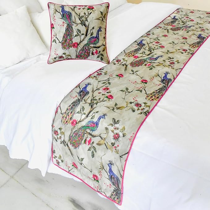 The HomeCentric King/Queen/Twin Pink & Purple Decorative Full 68"x18" Bed Runner with One Pillow Cover, Peacock, Beaded, Pom Pom Lace Bed Scarf on Cotton Fabric - Pavo Paradiso