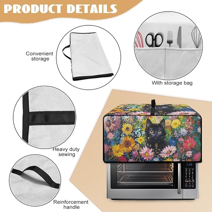 Microwave Oven Dust Cover Heavy Duty Microwave Oven Cover Waterproof Dust-Proof Kitchen Machine Covers Case Protections for Toaster Oven, Oil Painting Cat Sunflower Daisy Print, M