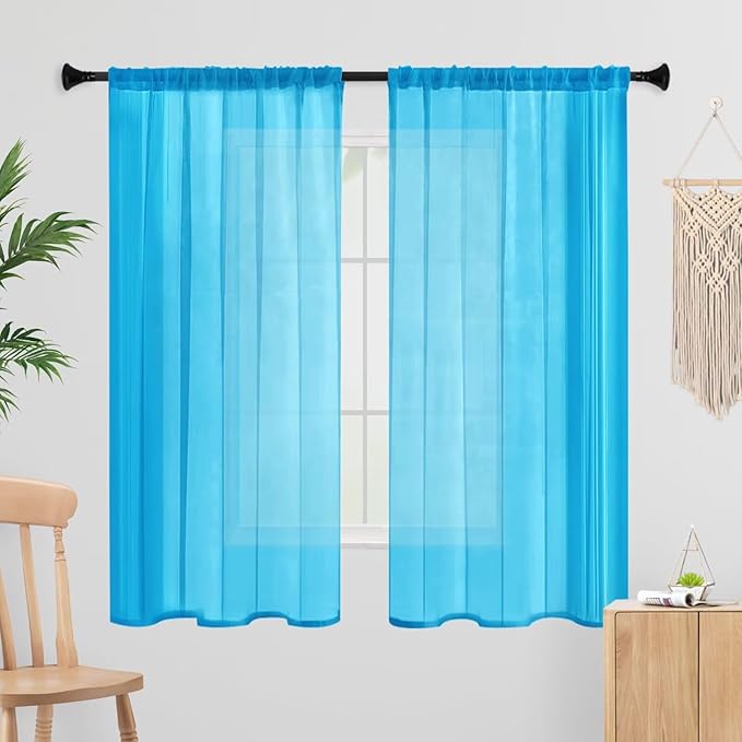 Sheer Curtains 54 Inches Long 2 Panels, Rod Pocket Short Curtain for Kitchen, Bedroom, Cafe Window(Cyan Blue 38" W x 54" L)