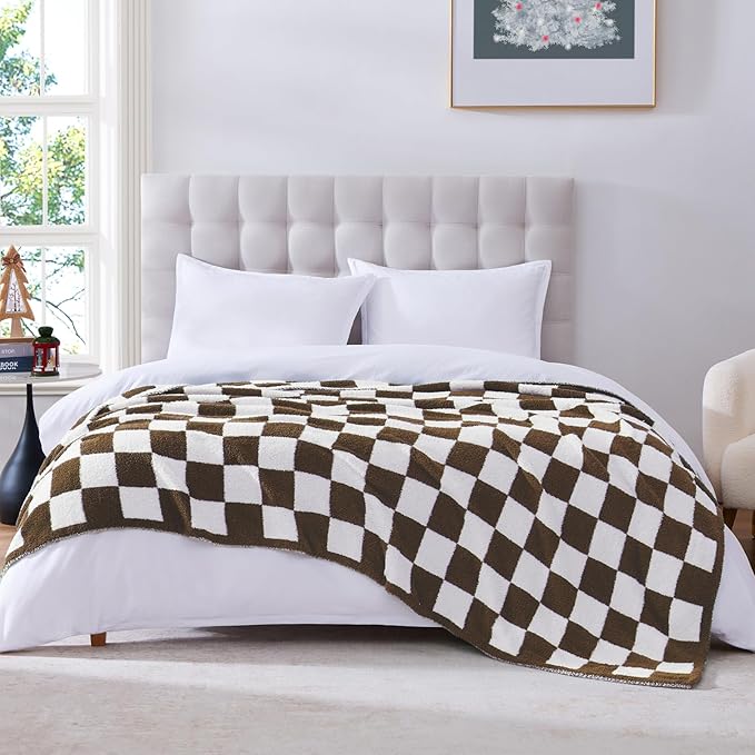 WRENSONGE Checkered Throw Blanket, Coffee Soft Cozy Fluffy Warm Hand Made Throw Blankets for Couch, Sofa, Chair, Bed, Camping, Picnic, Travel Lightweight Bed Blanket - 60"*80"