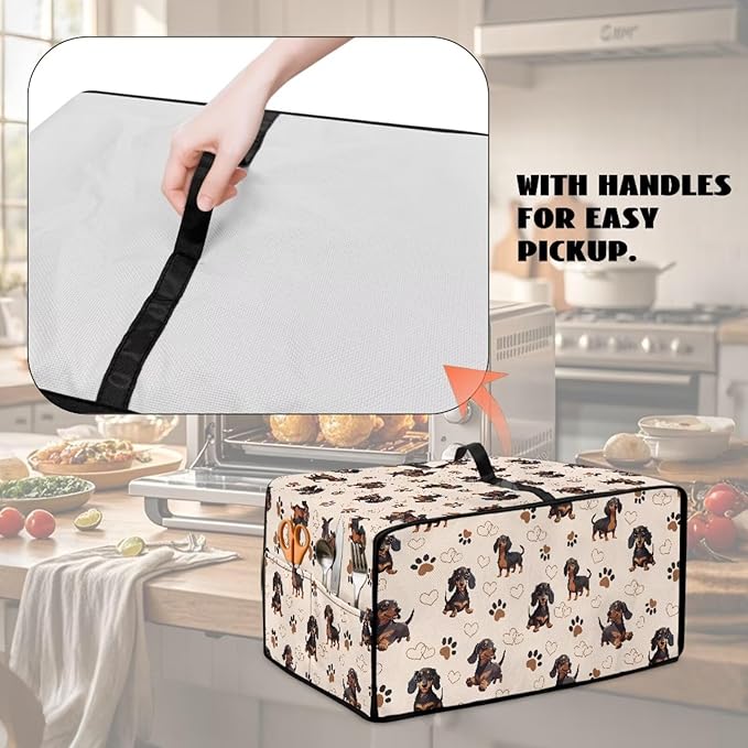 Dachshund Dog Heart Paw Print Toaster Oven Cover with Storage Bags Waterproof Dust Cover for Microwave Oven Polyester-Linen Fabric Small Appliance Dust Covers Fits Most Microwaves, S