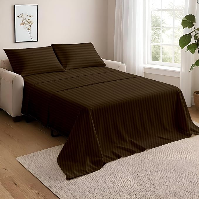 NON Sticky cotton Queen Size Sleeper Sofa Sheets, 4 Piece Egyptian Cotton Bed Sheet Set for Sofa Bed, 10" Deep Pocket for Pull Out Couch Mattress, 60" x 75", Chocolate Stripe, Soft & Breathable