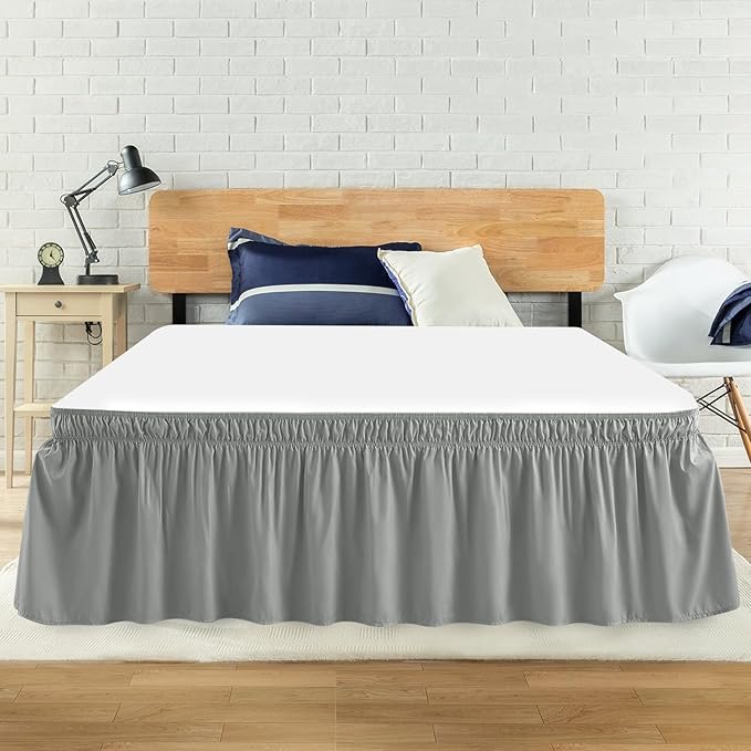 Queen Bed Skirt, Elastic Wrap Around Bed Skirt Queen Size, Bed Skirts for Adjustable Bed, Easy Fit with 18" Drop Length Tailored Drop Dust Ruffle (Grey)