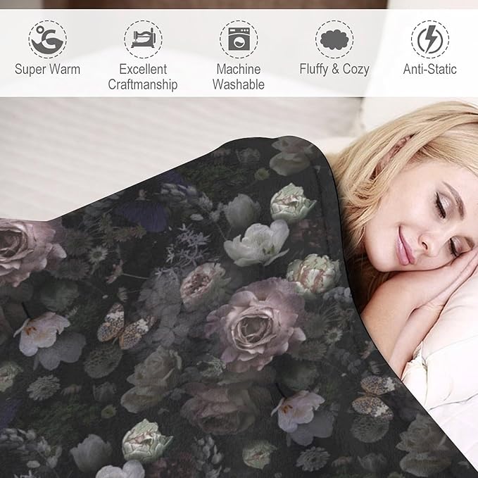 Vintage Gothic Floral Blanket, Black Pink Flower Rose Black Garden Roses Blooming Boho Throw Blankets for Home Bedding Couch Decor, 60"x80"
