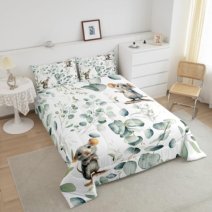 Erosebridal Kids Cute Animal Twin Comforter Set for Girls Boys Cartoon Mouse Bedding Set Twin, Spring Eucalyptus Bedding Comforter Sets Leaves Duvet Set, Kawaii Animal Mice Quilted Comforter