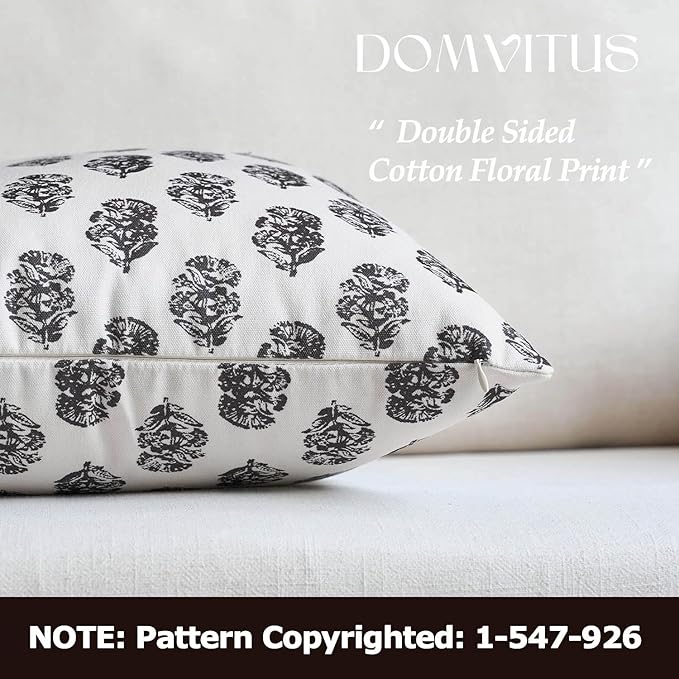 DOMVITUS Set of 2 Floral Pillow Covers 20x20, Block Print Pillow Covers Vintage Neutral Decorative Farmhouse Throw Pillow Covers for Couch Bed Living Room Black