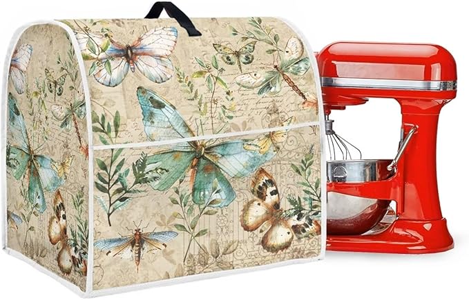 Butterfly Mixer Covers for Stand Mixers 4.5-5 Quart Vintage Stand Mixer Cover for Small Kitchen Appliance Food Processor Cover with Top Handle and Accessories Pocket Farmhouse Home Decor