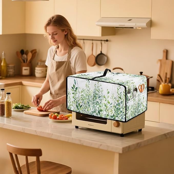 Toaster Oven Dust Cover with Storage Pockets, Dust-Proof Kitchen Appliance Protector for Small Appliances Convection Ovens, S, 14.5 x 18.5 x 9 Inches, Green Leaf White