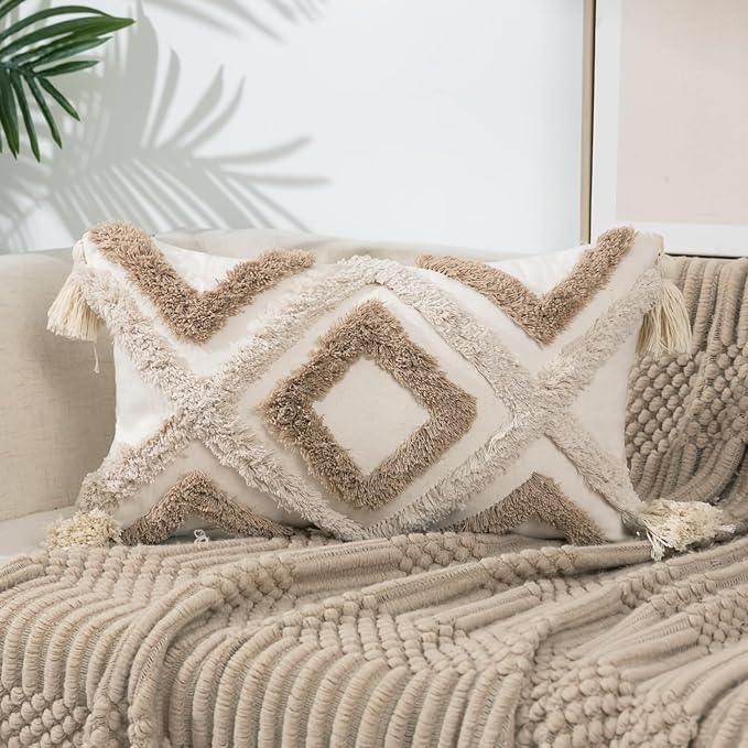 Boho Tufted Lumbar Throw Pillow Cover 12x 20 with Tassels, Modern Geometric Farmhouse Neutral Pillow Cushion Cases, Decorative Pillows for Bed, Outdoor Couch Bedroom Car Cream Khaki