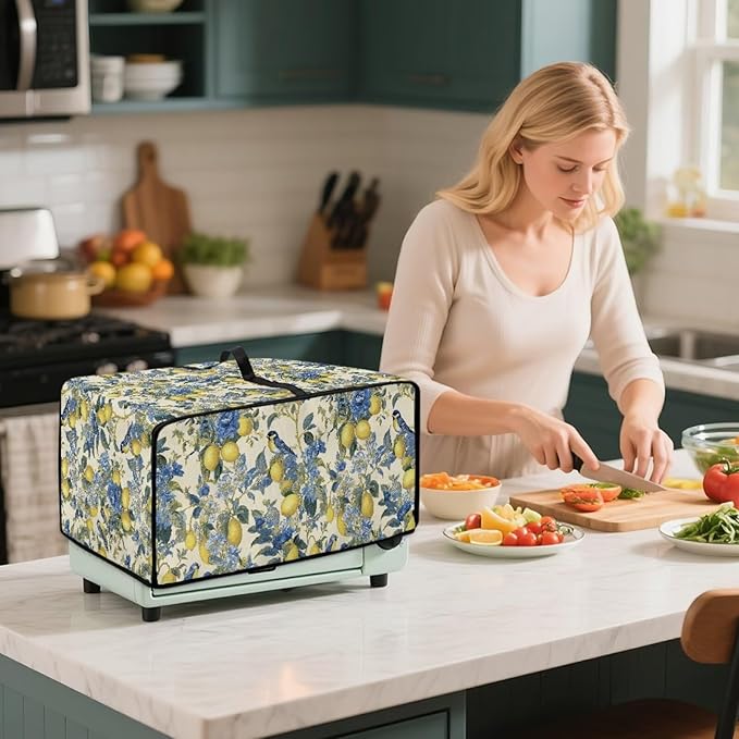 Lemon Floral Robin Bird Print Microwave Oven Dust Cover Heavy Duty Microwave Oven Grill Cover Dustproof Kitchen Machine Covers Case Protections for Toaster Oven, L