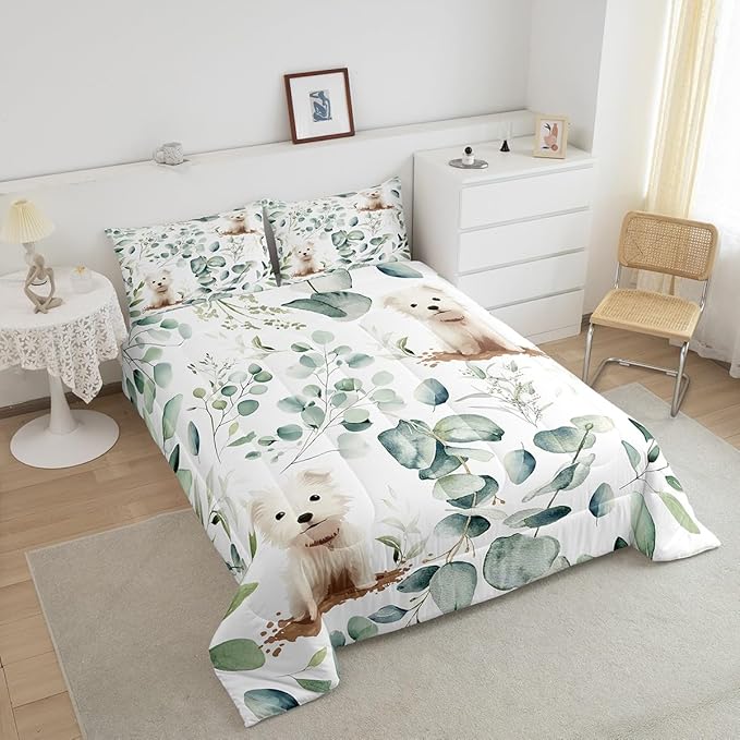 Erosebridal Cute Dog Bedding Queen Size for Kids Child Green Eucalyptus Comforter Set Queen, Pet Animal Duvet Insert Botanical Plant Leaves Quilt Set, Cartoon Pug Puppy Bedding Comforters & Sets
