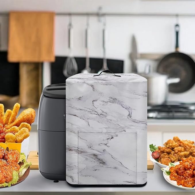 Air Fryer Cover Dust Cover, Dust Protection Insulated Kitchen Appliance Cover with Top Handle and Front Pockets for Women Gift, White Marble