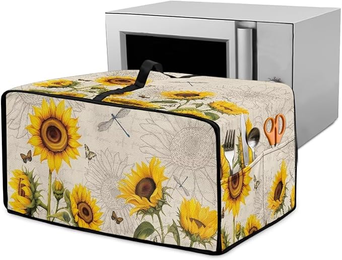 Microwave Oven Dust Cover Waterproof Toaster Oven Cover with Top Handle Dust-Proof Kitchen Appliance Protector Dirt and Fingerprint Protection, Sunflower Dragonfly Butterfly Letter Print, M