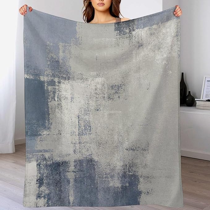 Abstract Gradient Blanket, Modern Fashion Art Blue Grey Painting Strokes Pattern Soft Warm Cozy Plush Flannel Covers for Livingroom Bedroom Couch Chair Camping Travel Home Decor Tapestry 60x80in