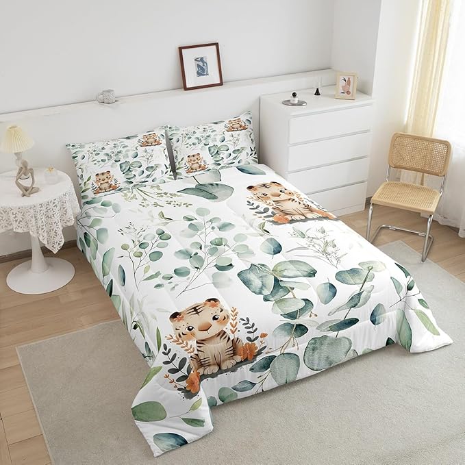 Erosebridal Kids Cute Animal Bedding King Size for Girls Boys Cartoon Tiger Comforter Set King, Spring Eucalyptus Duvet Insert Leaves Quilt Set, Kawaii Jungle Animal Bedding Comforters & Sets