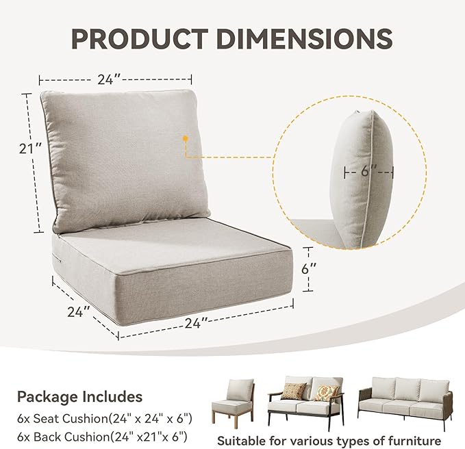 Outdoor Cushion Set for Furniture Patio Furniture, UV Resistant, Water Resistant - 6 Inch Thick Foam Garden Cushions– 24x24 Inch Patio Seat Covers for Chair/Sofa/Couch | Beige | 6-Pack |