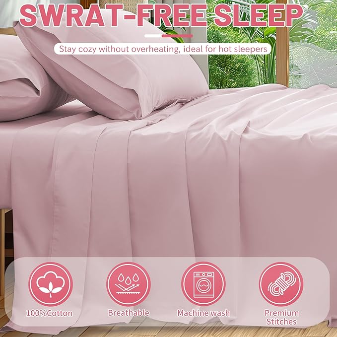 Extra Deep Pocket King Sheets 18-24 Inch 100% Egyptian Cotton 1000 Thread Count Sateen Weave Soft Breathable 4 Pieces（King，Light Pink）