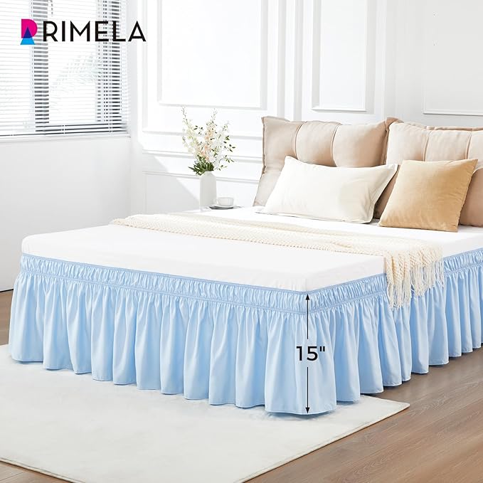 RIMELA Light Blue Bed Skirt Queen Size 15 Inch Drop, Elastic Bed Skirting for Bed Base and Frame, Bedding Dust Ruffle Easy to Install, Lightweight Wrap Around Adjustable Bedskirt