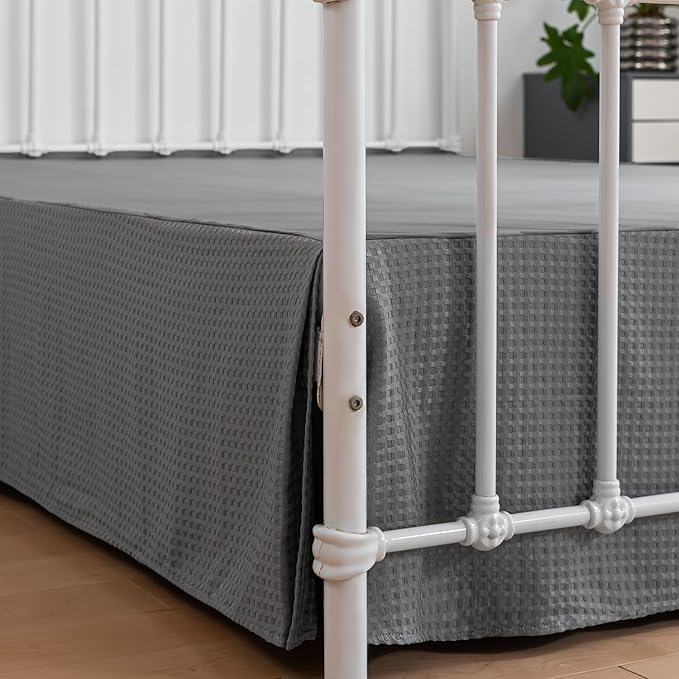Bed Skirt King Size, Pleated Waffle Weave Bed Skirt with Split Corners, Tailored Dust Ruffle 18 Inch Drop Easy Fit, Machine Washable (Grey, King - 18" Drop)