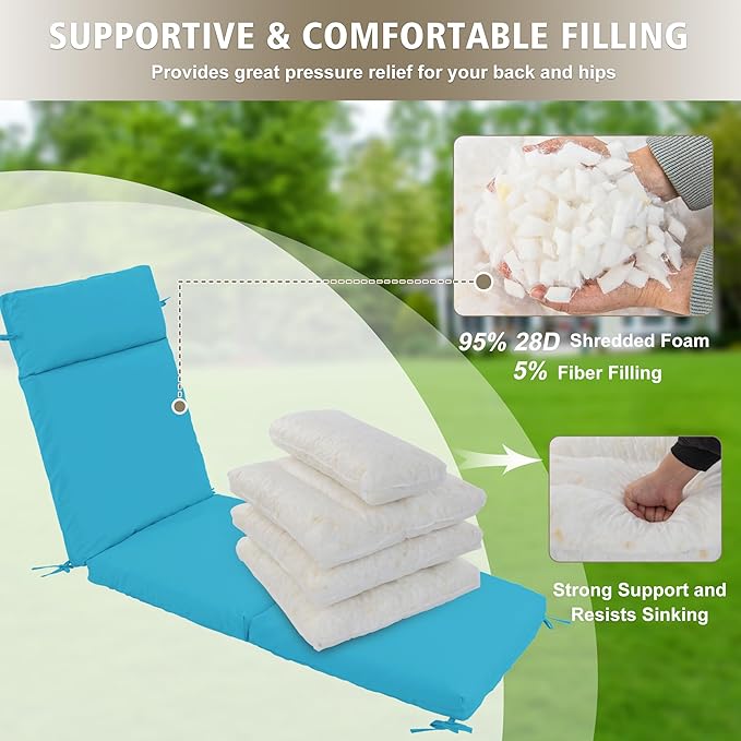 Chaise Lounge Cushion 72x21x3 Inch ?Set of 4 Outdoor Lounge Chair Cushions, Lounger Pad Replacement with Fade-Resistant, Removable & Machine-Washable Covers, Ideal for Patio Chaise Chairs, Teal